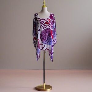 0040/ Purple Abstract Pattern Poncho with Fringed